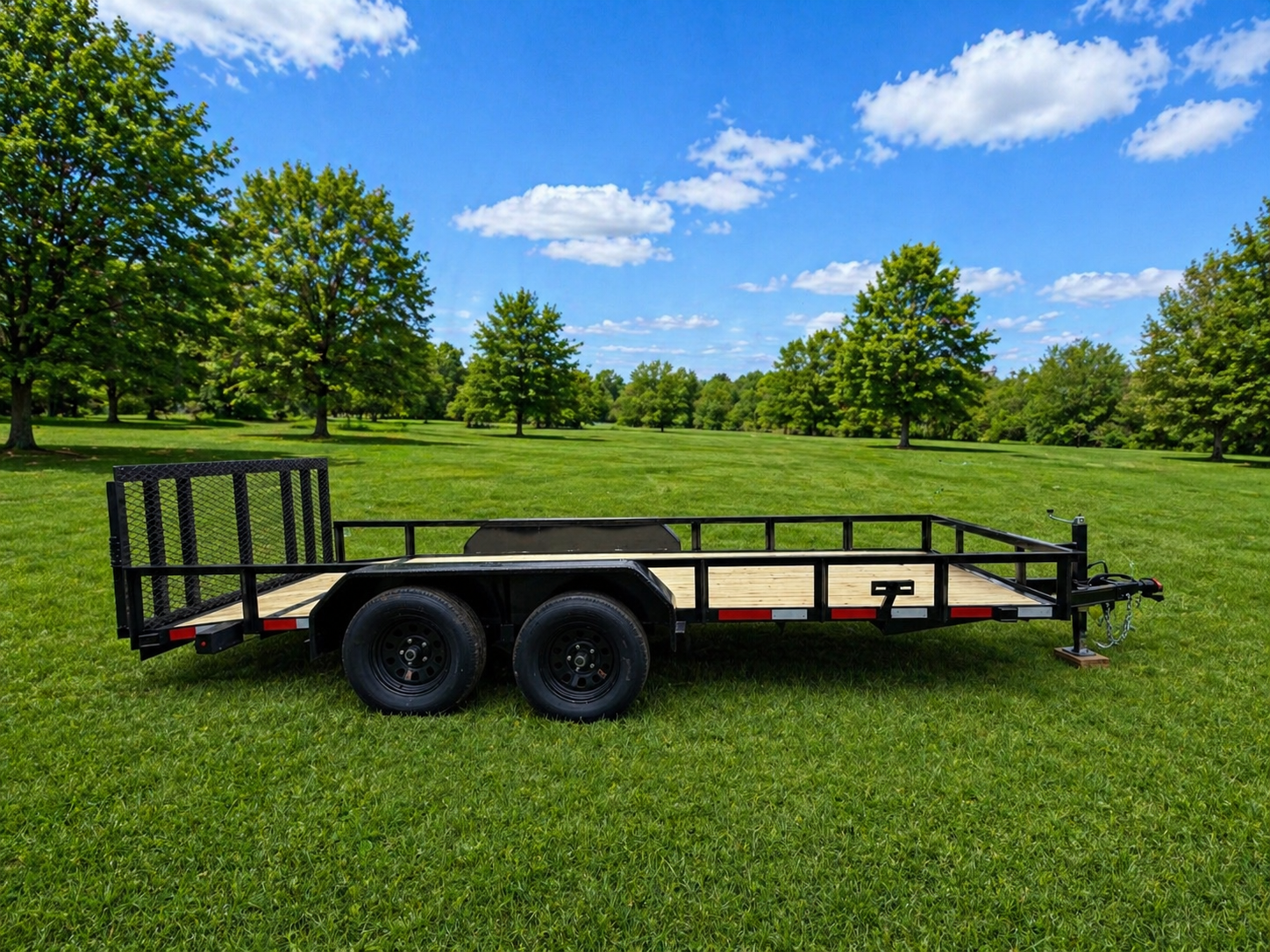 KL utility trailer side profile showing full 16ft length and dual axle