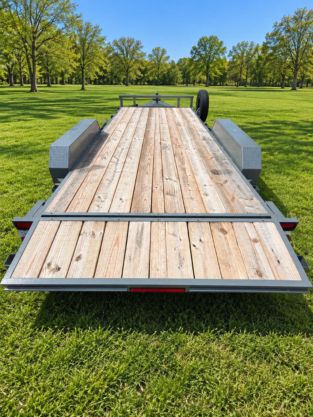 Ridgeline car hauler rear view showing slide-in ramps and wood deck